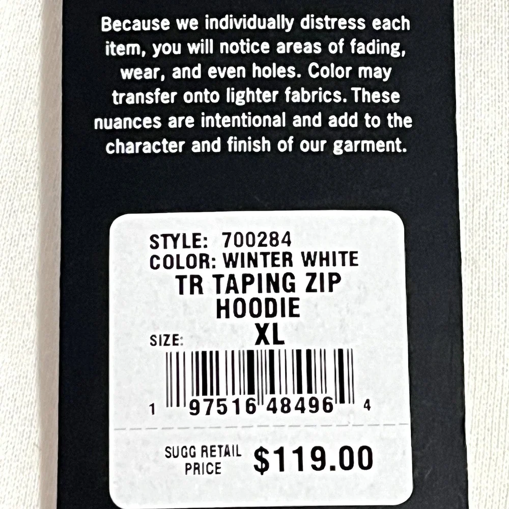 True Religion Mens Full Zip Hoodie Size XL Winter White Branded Tape Across Back